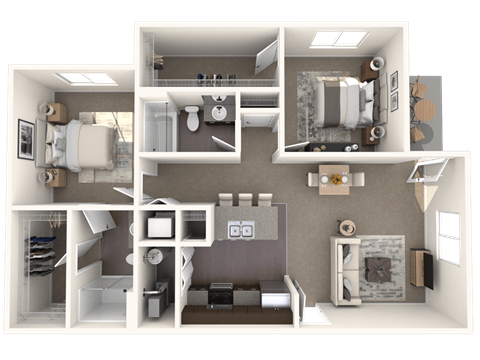 Floor plan for 2 beds, 2 baths, 1029 sqft